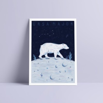 Cartaz ilustrado de um urso branco e constelação, texto URSA MAJOR