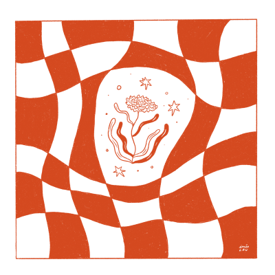 Ilustração abstrata com padrão ondulado branco e laranja e planta central desenhada.