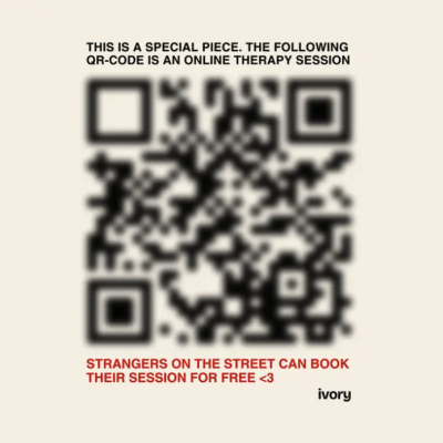 Código QR digital com texto informativo em inglês e assinatura 'ivory'