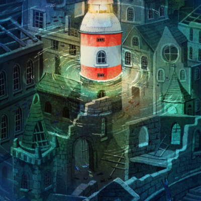Farol vermelho e branco em ambiente noturno com construções antigas de pedra e água em volta.