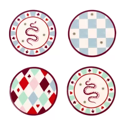 Bases para copos redondas com vários padrões coloridos e motivos de cartas de baralho.