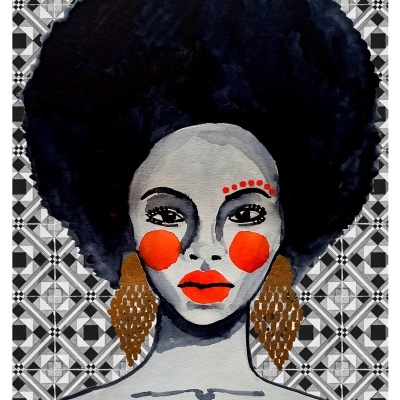 Ilustração de mulher com cabelo afro e detalhes coloridos no rosto e roupa