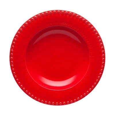 Prato vermelho com decoração em bolinhas na borda