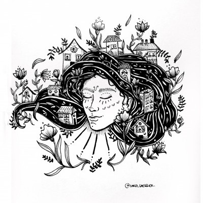 Desenho preto e branco de cabeça humana com casas e flores no cabelo