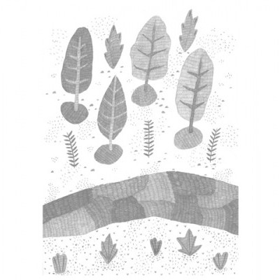 Ilustração a preto e branco de árvores estilizadas e padrões de fundo