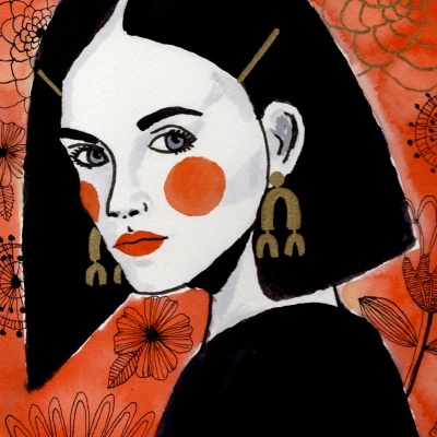 Ilustração de mulher com cabelo preto e acessórios dourados com fundo florido laranja