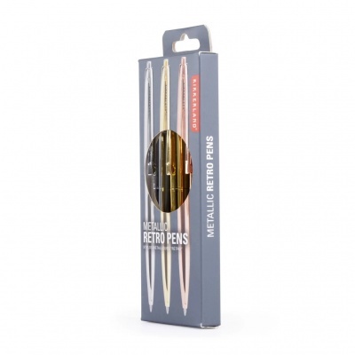 Conjunto de três canetas metálicas retro em caixa cinzenta com janela transparente