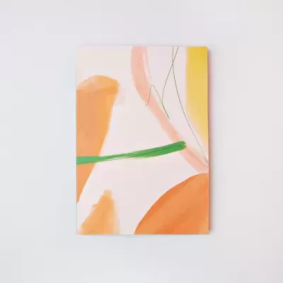 quadro abstrato em tons de laranja, verde, amarelo e bege
