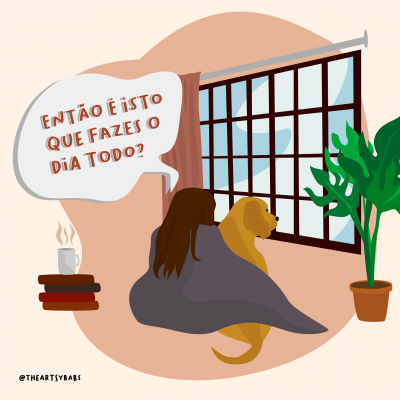 Pessoa e cão juntos debaixo de um cobertor junto a janela, com livros, chávena e planta perto