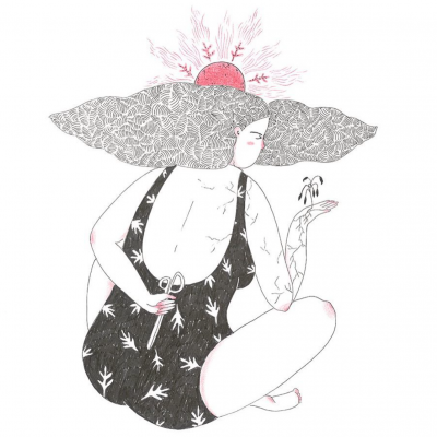 Desenho de mulher com cabelo floral, fato de banho preto com padrão de folhas e sol vermelho atrás da cabeça