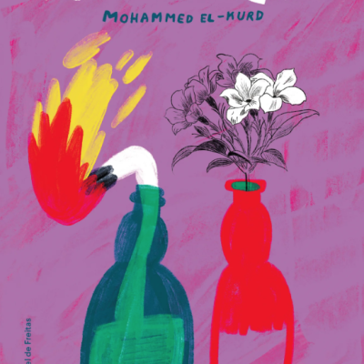 Capa de livro com título RIFQA, autor Mohammed El-Kurd, duas garrafas coloridas e flores sobre fundo rosa