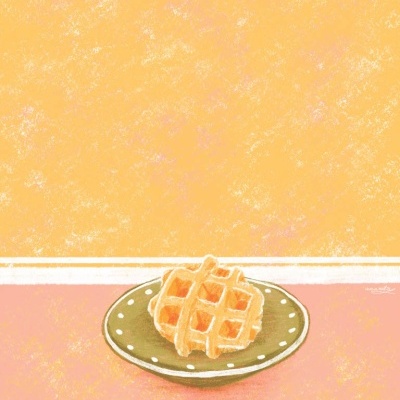 Duas waffles num prato verde com pontos brancos sobre fundo laranja e rosa.