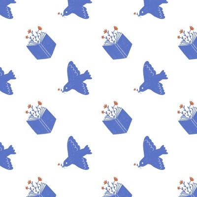 Padrão com pombas azuis e vasos azuis com flores laranjas