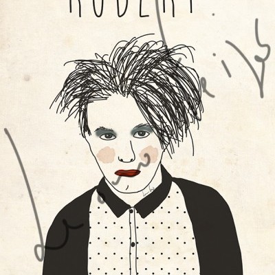 Ilustração de pessoa com cabelo bagunçado e camisa branca com pontos pretos, texto 'ROBERT.'