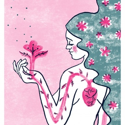 Ilustração artística de mulher com cabelo verde e flores cor-de-rosa, coração exposto e árvore cor-de-rosa na mão, fundo rosa