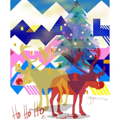 Ilustração colorida de renas, árvore de Natal, casas e montanhas com texto Feliz Natal.