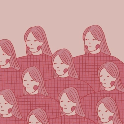 Padrão ilustrado de mulheres com camisolas vermelhas de padrão de grade em fundo rosa claro