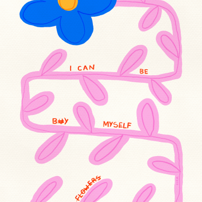 Ilustração de uma flor azul com caule rosa e texto em inglês