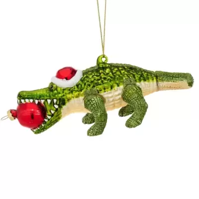 Enfeite de Natal crocodilo verde com chapéu de Pai Natal e bola vermelha