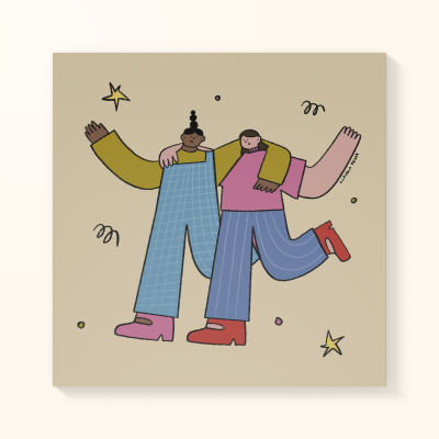 Ilustração colorida de duas pessoas com roupa casual e fundo bege.