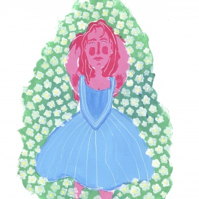 Ilustração colorida de mulher com vestido azul rodeada de flores brancas