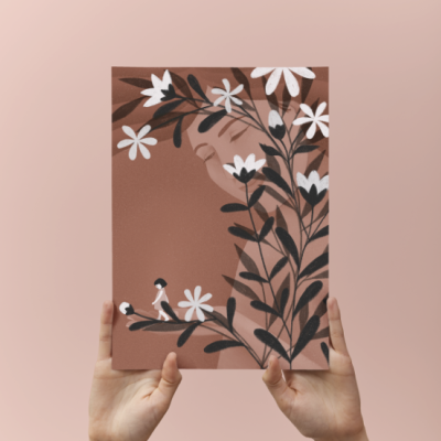 Poster artístico com ilustração floral e figuras humanas em fundo castanho