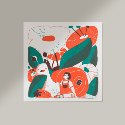 Ilustração colorida com personagem sentada entre folhas grandes e formas abstratas