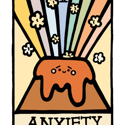 Cartoon de um vulcão com lava laranja e texto ANXIETY