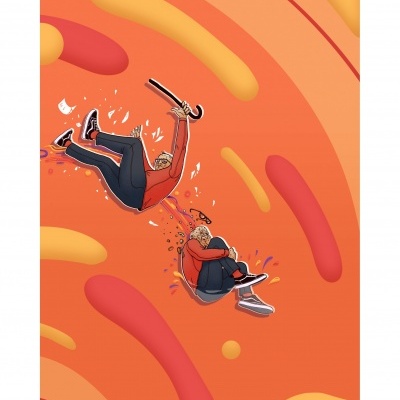 Figura humana de camisa vermelha e calças pretas em fundo laranja abstrato