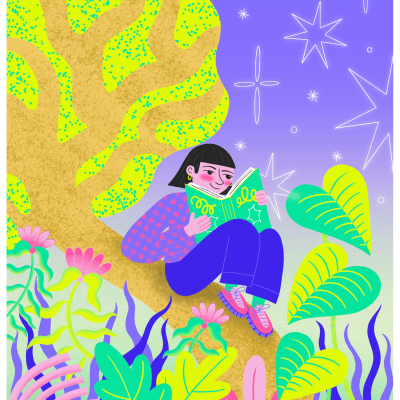 Pessoa sentada numa árvore a ler um livro verde, com plantas coloridas e céu estrelado roxo
