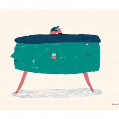 Ilustração abstrata com formas humanas e corpo verde e azul com pernas cor-de-rosa