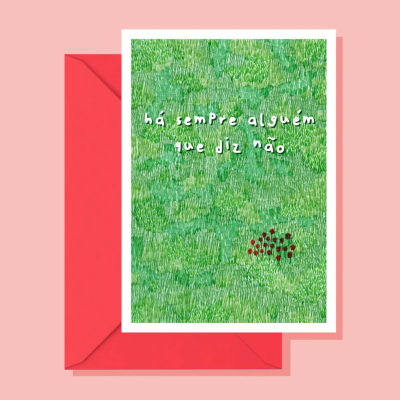 Cartão verde com texto branco e envelope vermelho
