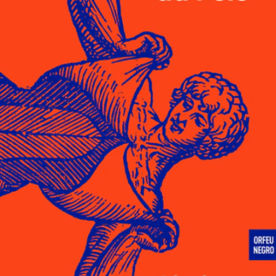 Capa de livro laranja com ilustração em azul e texto branco e selo azul