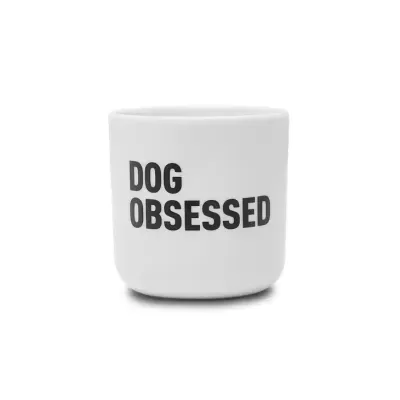 Copo branco de cerâmica com texto 'DOG OBSESSED'