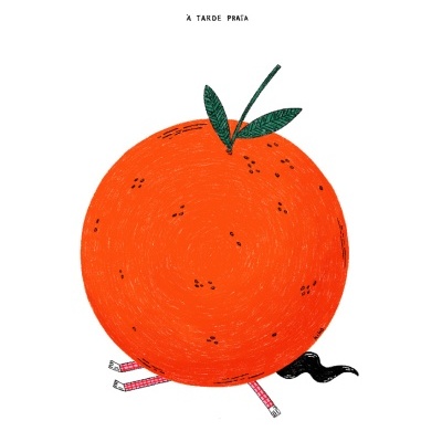 Ilustração de laranja gigante com pernas humanas e texto em português.