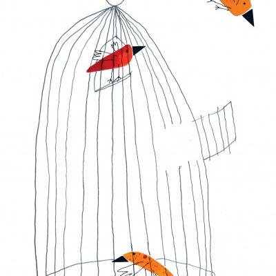 Desenho minimalista de gaiola com um pássaro vermelho dentro e dois pássaros laranja fora dela.