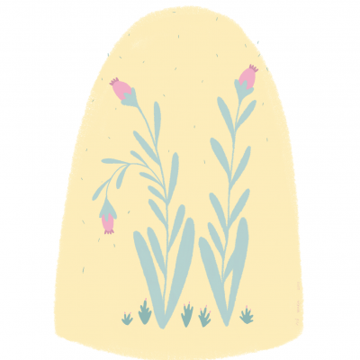 Padrão decorativo de plantas e flores em fundo amarelo pastel