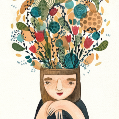 Ilustração de figura feminina com flores e formas abstratas saindo da cabeça.