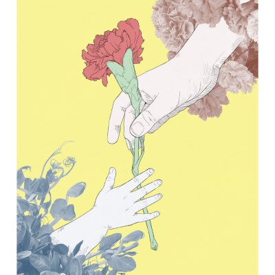 Ilustração de mãos a trocar cravo vermelho com fundo amarelo e flores.
