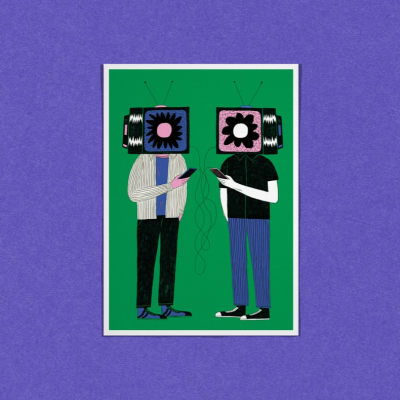 Ilustração de figuras com cabeças de televisão segurando telemóveis