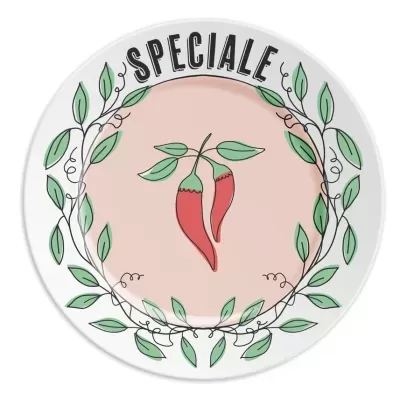 Prato redondo com desenho de pimentos vermelhos e folhas verdes e texto 'SPECIALE'