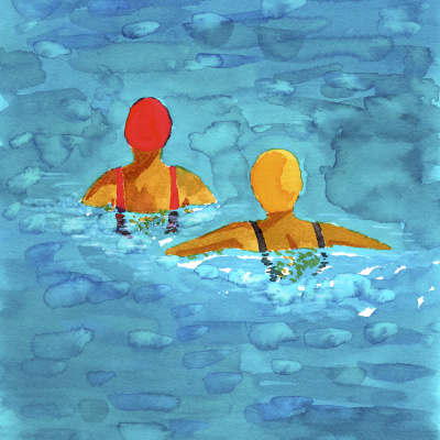 Ilustração de duas pessoas a nadar de costas, com toucas coloridas e fatos de banho, em água azul aguarelada.