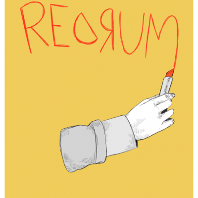 Desenho de um braço segurando batom vermelho que escreve REDRUM em fundo amarelo