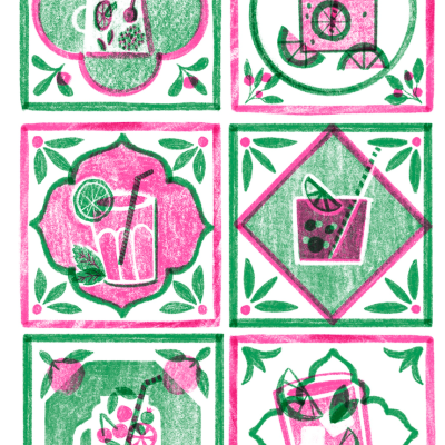 Ilustrações estilizadas de bebidas com limão e folhas em cores rosa e verde