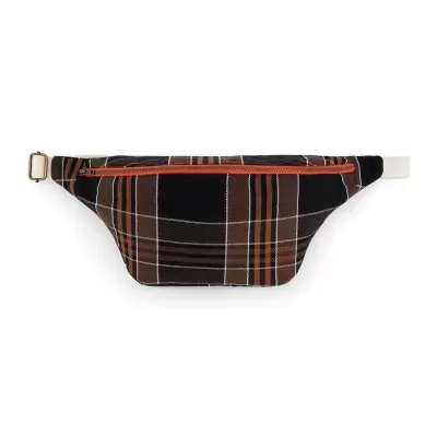 Bolsa tipo cinto em padrão xadrez castanho, preto e branco com fecho laranja.