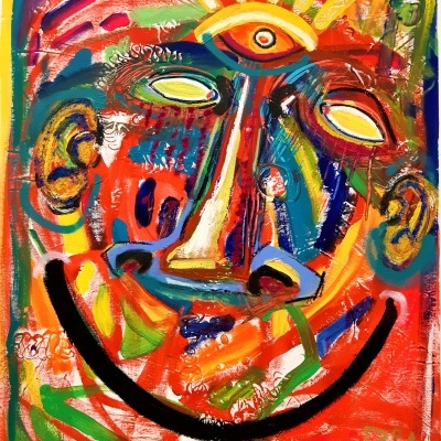 Pintura abstrata colorida com rosto estilizado e olho amarelo na testa