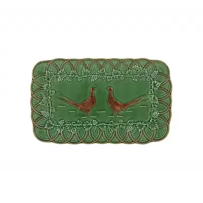 Tabuleiro retangular verde com padrão floral e faisões em relevo