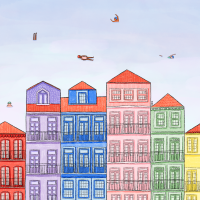 Ilustração de sete prédios coloridos e figuras pequenas voando no céu azul