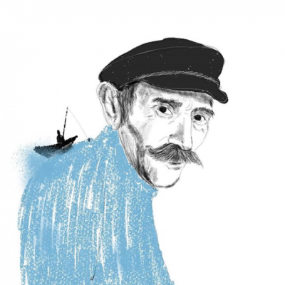 Ilustração de homem idoso com chapéu preto, camisola azul e barco de pesca ao fundo