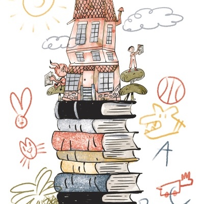 Desenho de pilha de livros com casa e rabiscos coloridos ao fundo